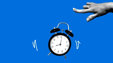Halftone hand turns off alarm clock. Modern collage. Morning routine Stock Footage 329185007