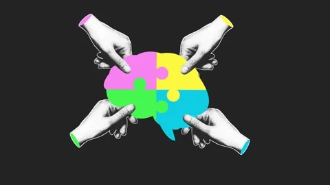 Halftone Hands Assembling Brain Puzzle Dark Loop Animation Stock Footage 344861264