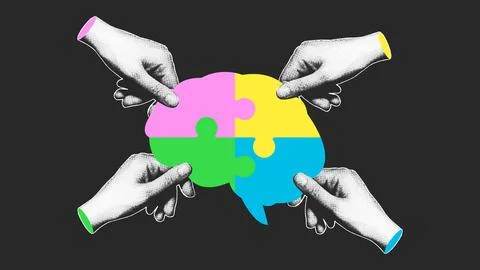 Halftone Hands Assembling Brain Puzzle Dark Illustration Stock Illustration