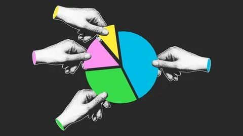 Halftone Hands Assembling Pie Chart Segments Dark Illustration Stock Illustration