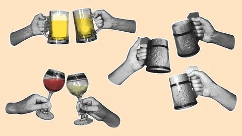 Halftone Hands Cheers Beer Wine Glasses Set Illustration Stock Illustration