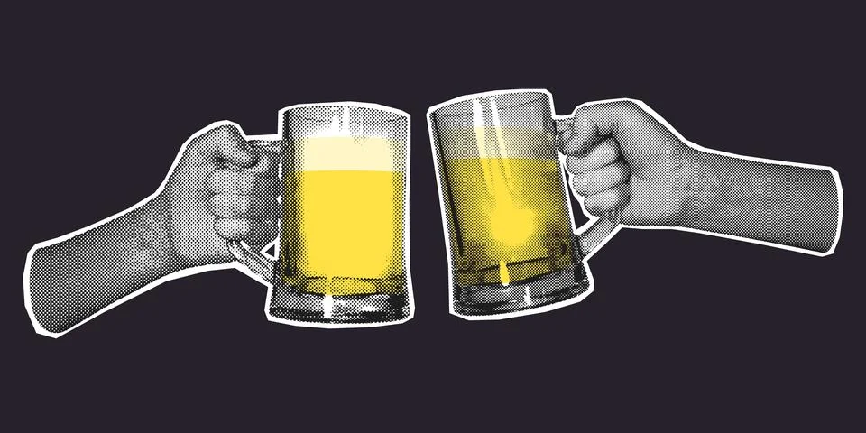 Halftone Hands Clinking Beer Mugs Cheers Illustration Stock Illustration