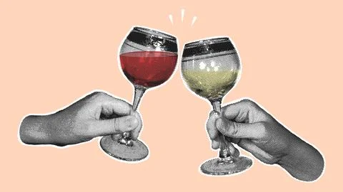 Halftone Hands Clinking Wine Glasses Red White Illustration Stock Illustration