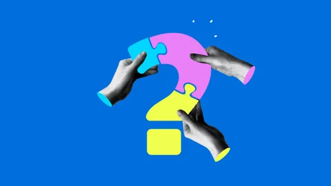 Halftone hands connect a puzzle in a shape of question mark. Team building Stock Footage 331425898