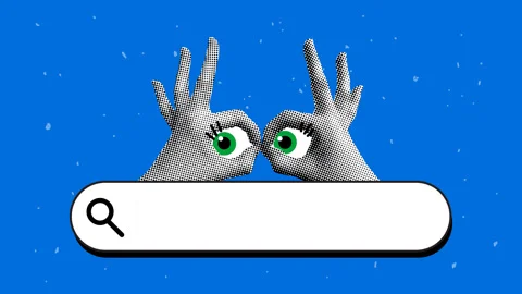 Halftone hands, eyes and search box. Looking for information in search bar Stock Footage 331425893