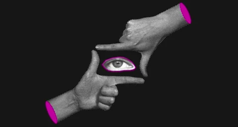 Halftone hands forming finger frame with blinking eye on dark background. Stock Footage 341522542