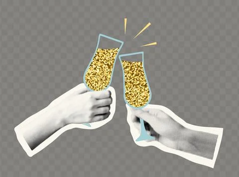Halftone hands with glasses, isolated on a transparent background. Retro elem Stock Illustration