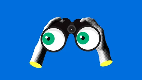 Halftone hands hold binoculars. Searching, observing and watching concept Stock Footage 328909181