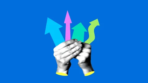 Halftone hands holding arrows pointing in different directions Stock Footage 331633232