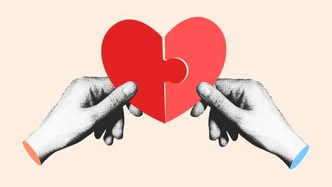 Halftone Hands Holding Heart Puzzle Pieces Beige Illustration Stock Illustration
