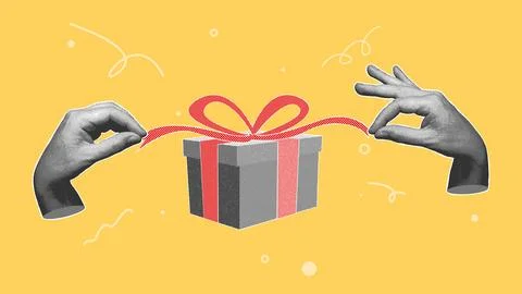 Halftone Hands Pulling Gift Box Ribbon Yellow Background Illustration Stock Illustration
