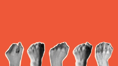Halftone hands raised up with closed fist. Feminists fight Stock Footage 329185083