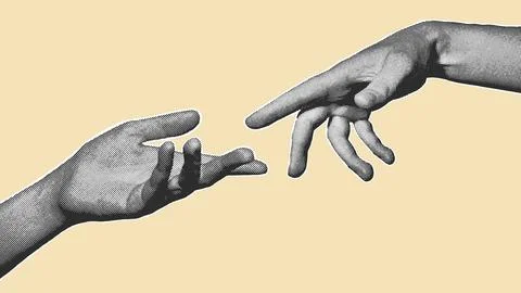 Halftone Hands Reaching Touching Fingertip Beige Illustration Stock Illustration