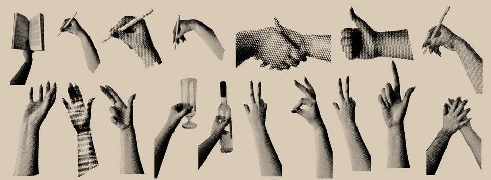Halftone hands set. Trendy Creative collage elements. Gesture signs. Vector Illustrazione stock