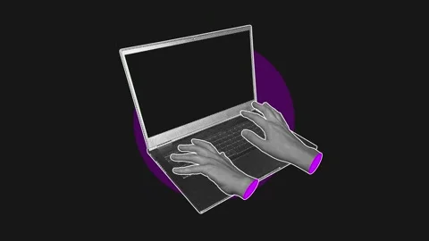 Halftone Hands Typing Laptop Dark Magenta Stop Motion Loop Vídeos de archivo 344293728