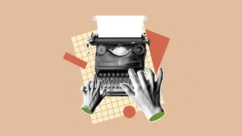Halftone hands typing on an old typewriter. Concepts of journalism Stock Footage 331425856