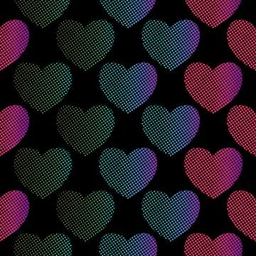 Halftone Hearts seamless pattern. Bright gradient Heart symbol on dark backdrop Stock Illustration