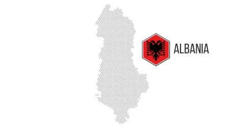 Halftone hexagonal Albania Map with hexagonal flag. Vector geographical map o Illustrazione stock