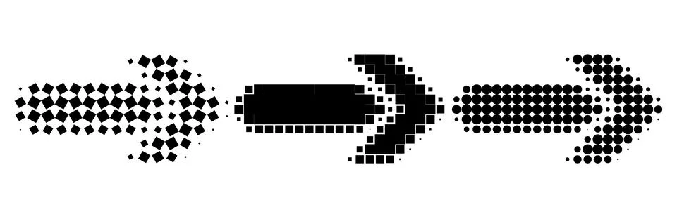 Halftone horizontal arrow set, Dotted gradient vector pointers, Black digital Stock Illustration