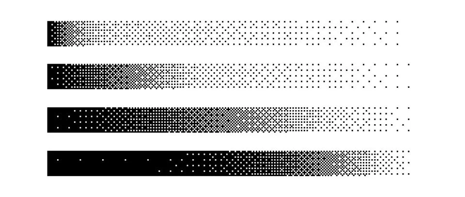 Halftone horizontal gradient border set. Black long dotted header or footer Stock Illustration