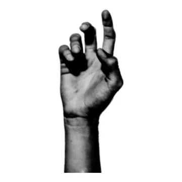 Halftone human hand. Collage design element in trendy magazine style. Retro.. Stock-Illustration