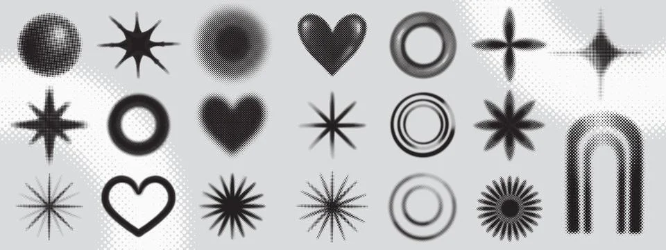Halftone icon set, half tone funky vector shapes, gradient dot stars, retro 스톡 일러스트