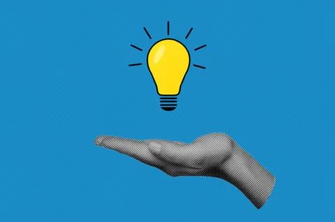 Halftone of idea concept with glowing light bulb supported by hand. Innovat.. Stock Photos