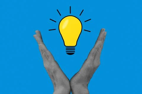 Halftone of idea concept with glowing light bulb supported by hand. Innovat.. Stock Photos