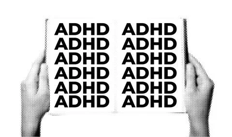 Halftone Illustration of Hands Holding an Open Book with the Text ADHD on the Stock Illustration