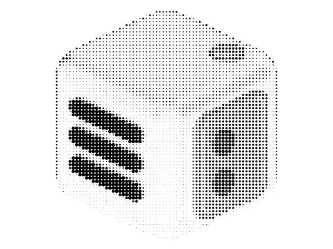 Halftone isometric cube icon with decorative lines and dots. Stock Illustration