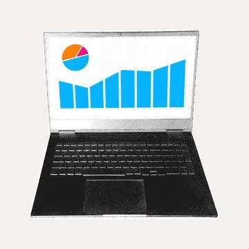 Halftone Laptop Chart Graph Analytics Front View Illustration Illustrazione stock