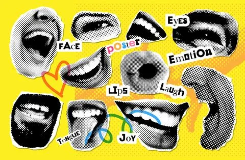 Halftone laughing lips set with grunge elements. Collage mouth collection for Stock Illustration