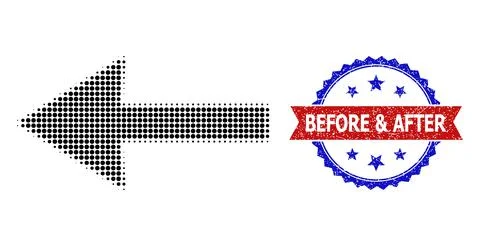 Halftone Left Arrow Icon and Grunge Bicolor Before &amp; After Stamp Stock Illustration