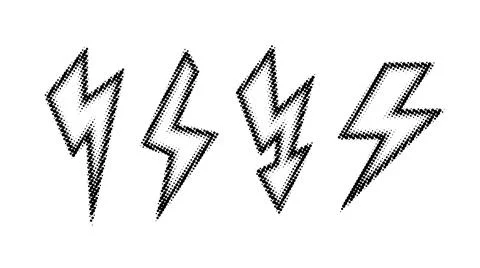 Halftone lightning bolt set. Black textured thunderbolt collection. Black flash Stock Illustration