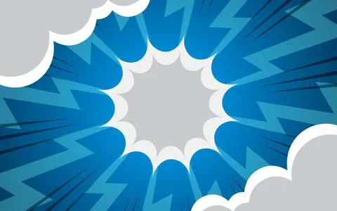 Halftone lightning explosion pop art comic background with clouds. Vector I.. Stock Illustration