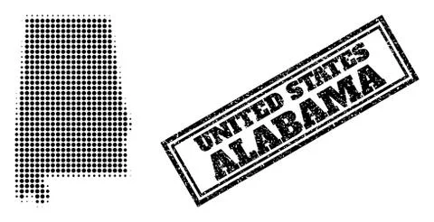 Halftone Map of Alabama State and Distress Framed Watermark Stock Illustration