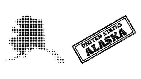 Halftone Map of Alaska State and Textured Framed Watermark Stock Illustration