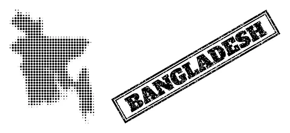 Halftone Map of Bangladesh and Scratched Framed Watermark Stock Illustration