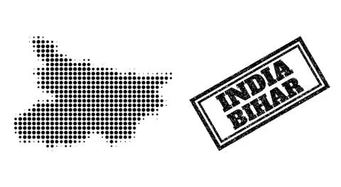 Halftone Map of Bihar State and Distress Framed Seal Stock Illustration