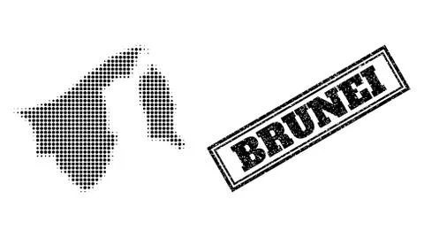 Halftone Map of Brunei and Textured Framed Stamp Seal Stock Illustration