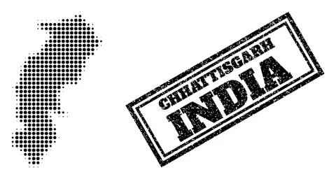 Halftone Map of Chhattisgarh State and Distress Framed Seal Stock Illustration