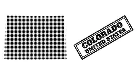 Halftone Map of Colorado State and Scratched Framed Stamp Seal Stock Illustration