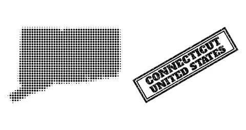 Halftone Map of Connecticut State and Scratched Framed Stamp Stock Illustration