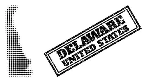 Halftone Map of Delaware State and Distress Framed Watermark Stock Illustration