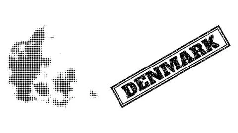 Halftone Map of Denmark and Scratched Framed Watermark Stock Illustration