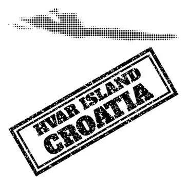 Halftone Map of Hvar Island and Textured Framed Stamp Stock Illustration
