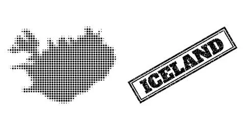 Halftone Map of Iceland and Textured Framed Stamp Stock Illustration