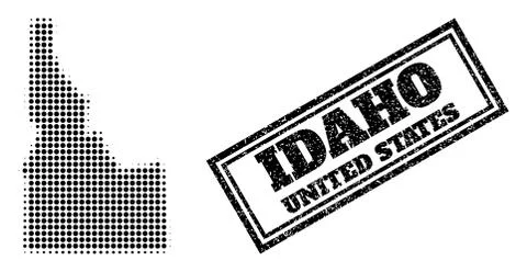 Halftone Map of Idaho State and Scratched Framed Stamp Seal Stock Illustration