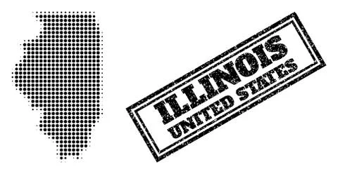 Halftone Map of Illinois State and Textured Framed Stamp Seal Stock Illustration