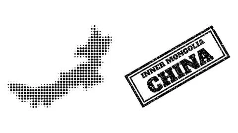 Halftone Map of Inner Mongolia and Textured Framed Watermark Stock Illustration